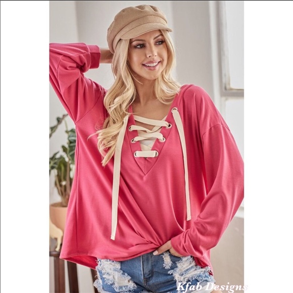 ❤️LAST 2! French Terry V Neck Lace Up Top! - Picture 3 of 8